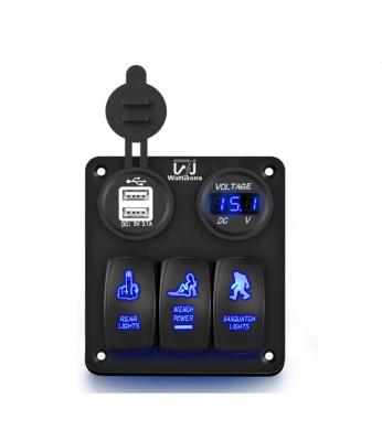 China Sturdy and durable WattBons 3 Gang Marine Rocker Switch Panel Pre-Wired LED Switch Blue Panel  with Dual Car USB Charger For Cars UTVs Trucks for sale