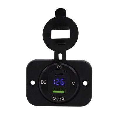 China Cars WattBons Quick Charge  3.0 Car Dual USB Charger Socket Aluminum Panel With Power Outlet Digital Voltmeter for Cars Boats RVs for sale