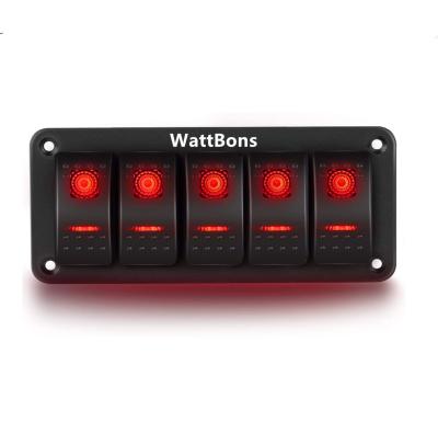 China Sturdy and durable WattBons 5 Gang Rocker Switch Panel Marine 5Pin On Off Rocker Switch Aluminum Holder 12V 24V Dash Pre-Wired Switches for sale