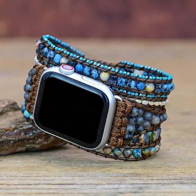 China Luxury High Quality Natural Stone Apple Watch Band Woven Jewelry Crystal Watch Strap Handmade Gift Smart Bracelet for sale