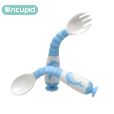 China Dolphin Free Blue Child Spoon Bendable Baby Spoon BPA Folding Baby Spoon Forks Set for sale