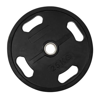 China Various 4 Handles Universal Promotional Durable Weightlifting Plate Rubber Coated Barbell Weight Plate for sale