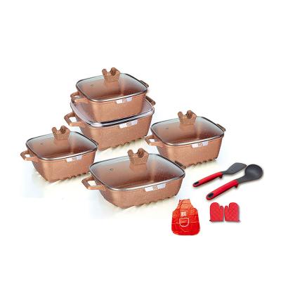 China Sustainable 15Pcs Gold Die Casting Square Nonstick Ceramic Coating Cookware Sets for sale