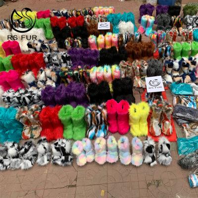 China Fashion Anti-slippery Custom Colorful Kids Snow Shoes Women Faux Fur Furry Winter Boots Sets With Headbands And Purse for sale