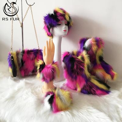 China Low Price Faux Fox Fur Mid-tube Anti-slippery Snow Boots Women Headwear Wrist and Bag Matching Four-piece Set for sale