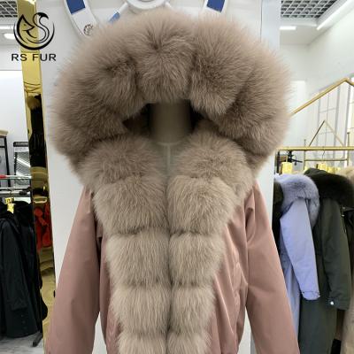 China Winter Anti-shrink Detachable Real Hooded Parka Jacket Big Fur Collar Real Fox Fur For Women for sale