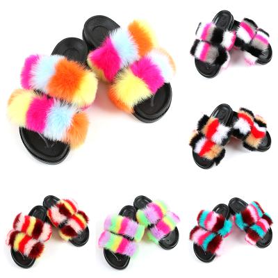 China Custom Made USA Update Sale Price Faux Fox Fur Faux Raccoon Fur Slides Warm Cheap Hairy Anti-slippery Fur Slippers For Women for sale