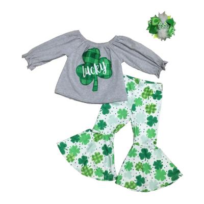 China Gray Green Lucky Babies Sweet St. Patrick's Day Gear Spring Cotton Ruffle Bell Bottom Pants Clothes for sale