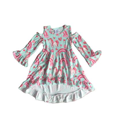 China Valentine's Day Baby Kids Clothes Washable Cotton Spring Ruffles Love Heart Unicorn Rainbow Dress Boutique Knee Length for sale