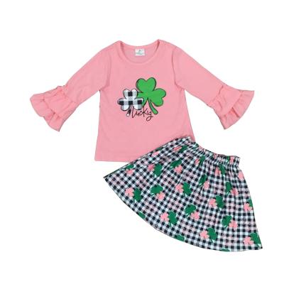 China 2021 New spring soft St. Patrick's Day soft baby kids clothes ruffle cotton top plaid shamrock coral dress set outfits for sale