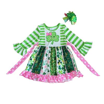 China St Patrick's Day Girls Baby Kids Clothes Cotton Ruffles Pink Green Shamrocks Washable Dress Boutique Knee Length for sale