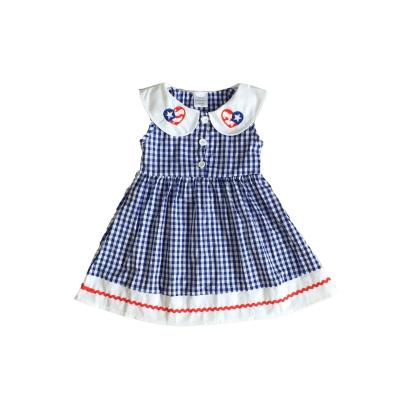 China Royal Blue Plaid Summer 4th of July Clothes Kids Babies Washable Stars Knee Length Sleeveless Woven Dress for sale