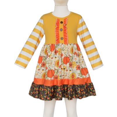 China Girlymax Halloween Anti-wrinkle flower long sleeve flower patchwork pumpkin babies boutique thanksgiving dress for sale