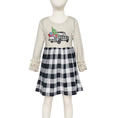 China Girlymax Chrismas Anti-wrinkle rice ruffle white cuff long sleeve carriage tree printing black plaid baby dress wholesale for sale