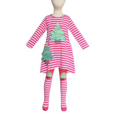 China New Anti-wrinkle Christmas Tree Winter Pink Striped Long Sleeve Dress with Matching Purse and Lovely Applique Baby Stocking Dress for sale