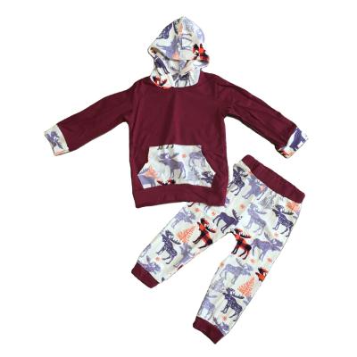 China Christmas Baby Kids Clothes Plaid Deer Soft Patchwork Hoodie Cotton Top Pants Lace Up Long Sleeve Outfits With Pockets for sale