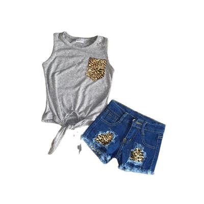 China Girls Boutique Denim Outfits Set Summer Babies Leopard Pockets Soft Jeans Shorts Outfits Gray for sale