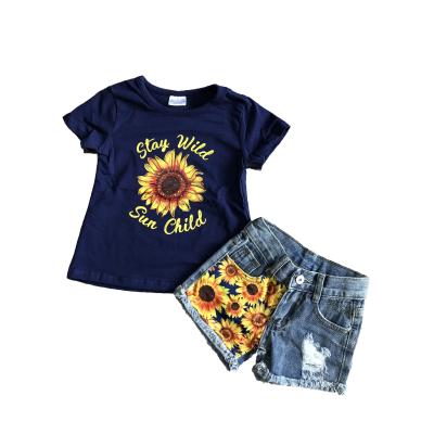 China girlymax babies summer jeans shorts sweet sunflower stay wild top outfits girls boutique denim shorts outfits set for sale