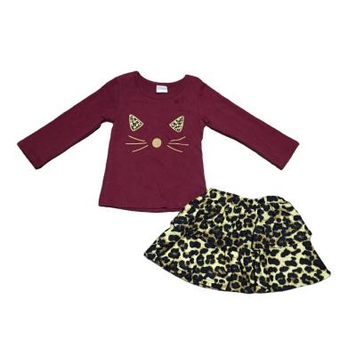 China Autumn/winter babies children clothes kidswear outfits burgundy cat leopard dress set soft cotton ruffle top boutique for sale