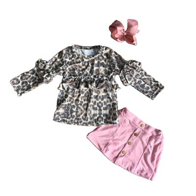 China Autumn/winter babies children clothes kidswear outfits leopard ruffle button dress set cotton soft top boutique for sale