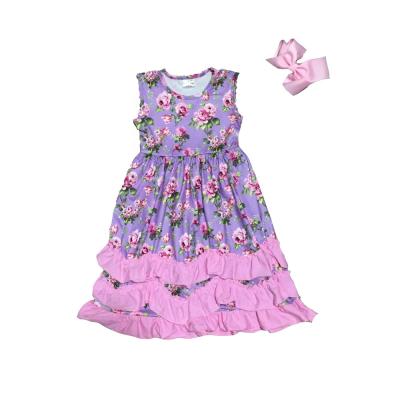 China New Summer Baby Kids Cotton Maxi Dress Pink Milk Rose Lavender Washable Silk Floral Ruffles Sleeveless Kids Clothes for sale