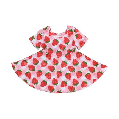 China 2021 New Washable Summer Babies Cotton Kids Clothes Milk Silk Knee Length Twirl Strawberry Plaid Short Sleeve Dress for sale