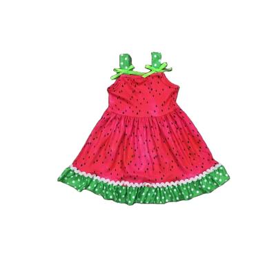 China 2021 new girlymax summer baby kids washable clothes milk silk cotton knee length wartermelon print ruffles sleeveless dress for sale