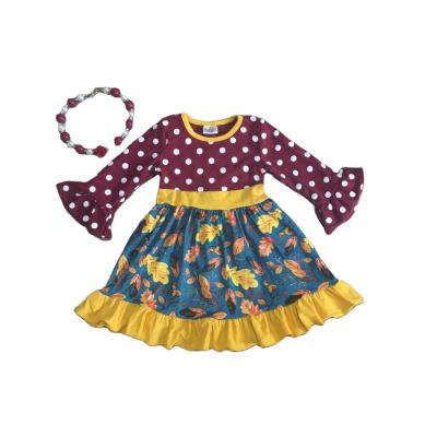 China Fall/Winter Baby Kids Clothes Washable Cotton Polka Dot Floral Mustard Burgundy Patchwork Ruffles Knee Length Dress for sale