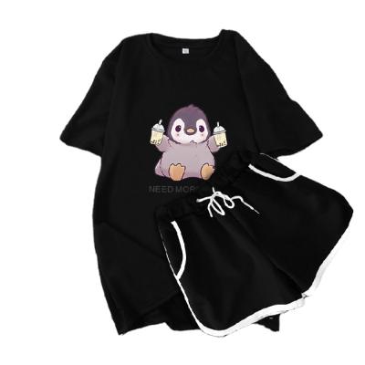 China Sweet Short Sleeve Shorts Milk Tea Penguin Printing Cute Loose Couples Suit 2021 Two-Piece Summer for sale