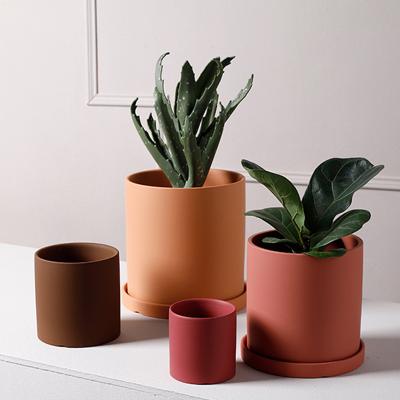 China Contemporary Wholesale  Modern Home Garden Cylinder Succulent Planter Ceramic Matte Glazed Flower Pots & Planters With Tray for sale