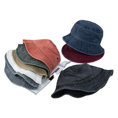 China Acid Washed Bucket Hat Sun Protection Washed Hats And Casual Flat Top Aged Solid Color Cotton Bucket Washed Bucket Hats for sale