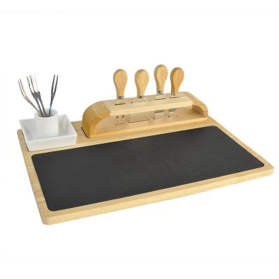 China Sustainable Slate Cheese Board Set Charcuterie Board Set With Utensils Lager Acacia Wood Serving Tray With Slate Board And Wood Tool Rack for sale