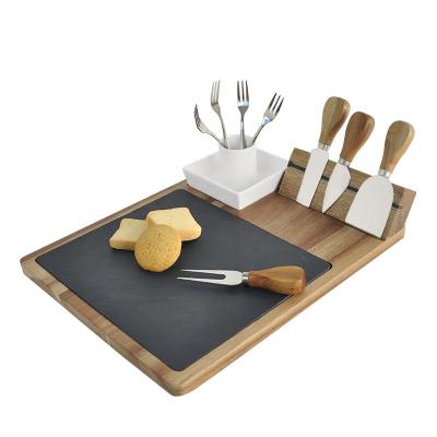 China Sustainable Wholesales Acacia Wood Cheese Board Set Slate Cutting Board Deli Board With Cheese Knife for sale