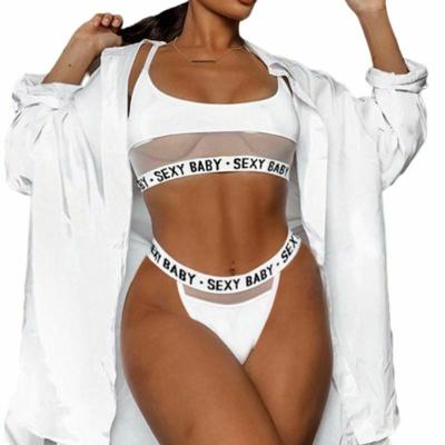 China Women QUICK DRY Cami Thong Letter Print Lingerie Set Mesh Women Bralette Brief Sets Sexy Bralette Set for sale