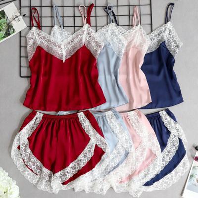 China High End Stylish Sleepwear QUICK DRY Loungewear Lace Up Satin Silk Pajamas Set Skin-Friendly Women Cami Shorts Set Pajamas For for sale