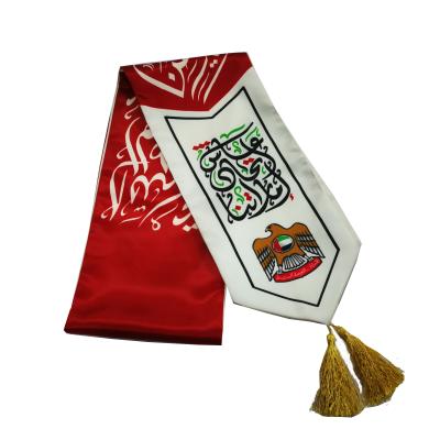 China Polyester or customized by customers cheap promotional sports souvenir UAE santin printing scarf with tassel UAE national day silk scarf for sale