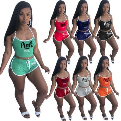 China QUICK DRY Pink Set Women Summer Shorts 2 Piece Sets Crop Tops Biker Short Halter Top Two Piece Outfits Women Joggers Plus Size Tracksuits for sale