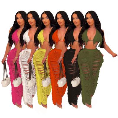 China 2022 Summer Anti-wrinkle Beach Set Top Women Bra And Side Tassel Pants Set Women 2 Piece Latest Beach Wear Women's Pants Two Piece Set for sale