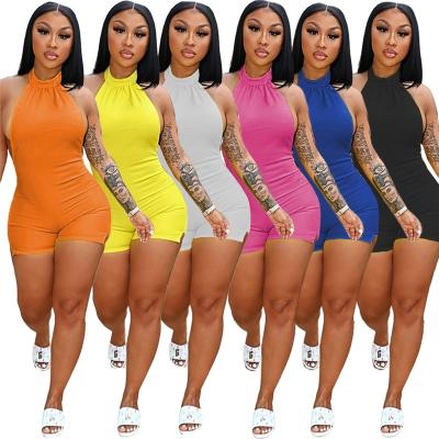 China 2022 new arrivals summer women's clothing solid color halter one-piece short jumpsuit QUICK DRY backless women sexy rompers sleeveless for sale