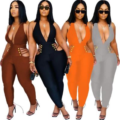 China 2022 Summer Women's Clothing QUICK DRY Sexy Night Club Sleeveless Bodycon Halter Hollow Out One Piece Jumpsuit And Rompers For Women for sale