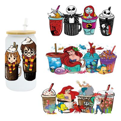 China Durable Wholesale cartoon glass tumbler transfer does not need heat waterproof UV Dtf cup packaging transfer 16 oz 20 oz for sale