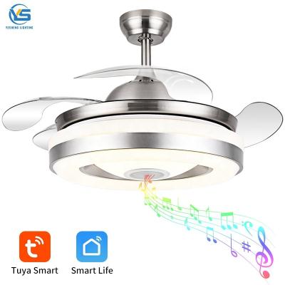 China 110V 220V 42inch Retractable Blade Ceiling Fan Bluetooth Speaker Fan With Light With Speaker Tuya Alexa Google Control for sale