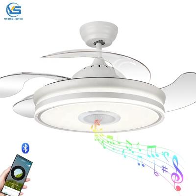 China Ceiling fan with LED light 36W 110v DC motor Nickel with Speaker 3 color with memory retractable blades 6 speeds remote control for sale