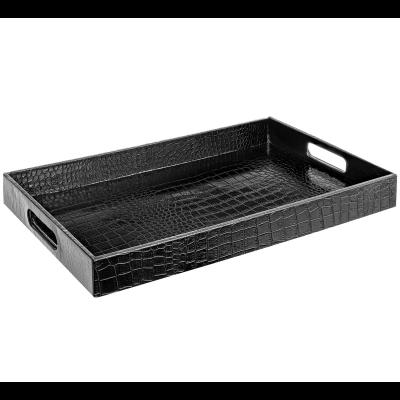 China Multifunctional Office Home Storage 18x12 Black Rectangle Serving Tray Valet Tray Alligator Faux Leather Decorative Serving Tray With Handles for sale