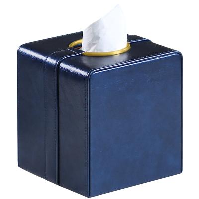 China Gold Buckle + Nordic Leather Cloth Box Modernnapkin PU Leather Cowhide Logo Blue Cowhide Cube Square Tissue Box Cover Hotel Green Custom Leather Stand for sale