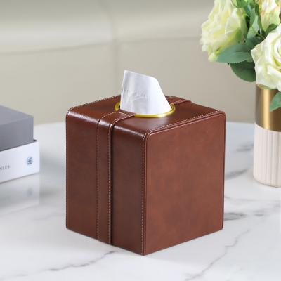 China Handmade Modern Luxury Brown PU Square Faux Leather Hotel Towel Box Lid Wholesale New Product New Product Tissue Box Weave Tissue Box Holder for sale