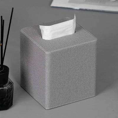 China Luxury Modern High Quality Light Gray Pu Leather Tissue Paper Cube Bathroom Square Box Lid Tissue Custom Logo for sale