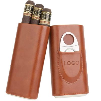 China Durable Cedar Wood Lined Travel Cigar Case Travel Humidor with Cutter Brown Leather Travelator Cigarism Enclosed Leather Cigar Case for sale