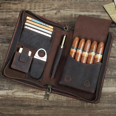 China Custom Embossed Luxury Genuine Leather Bag Durable Logo Lighter Cutter Storage Portable Travel Cigar Case Bag Cigars Humidor Tube Holder for sale