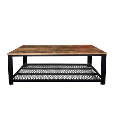 China ZJH Durable Vintage Brown Table Coffee Table Industrial Rustic Wood Center Tea Table With Metal Frame for sale